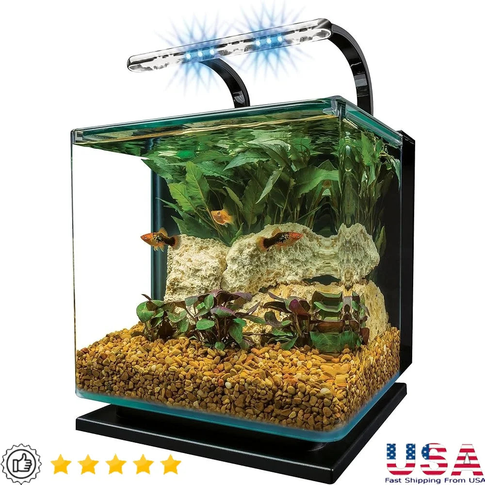 3 Gallon Contour Aquarium Kit with LED Lighting Sleek Rounded Glass Hidden Filter Easy Slide Canopy Ideal Aquatic Life