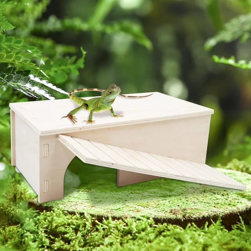 Wooden Lizard Hideout with Climbing Ramp Reptile Habitat with Basking Platform Tank Accessories for Bearded Dragon Lizard Chameleon 12.9 x 11 x 4.7 Inch