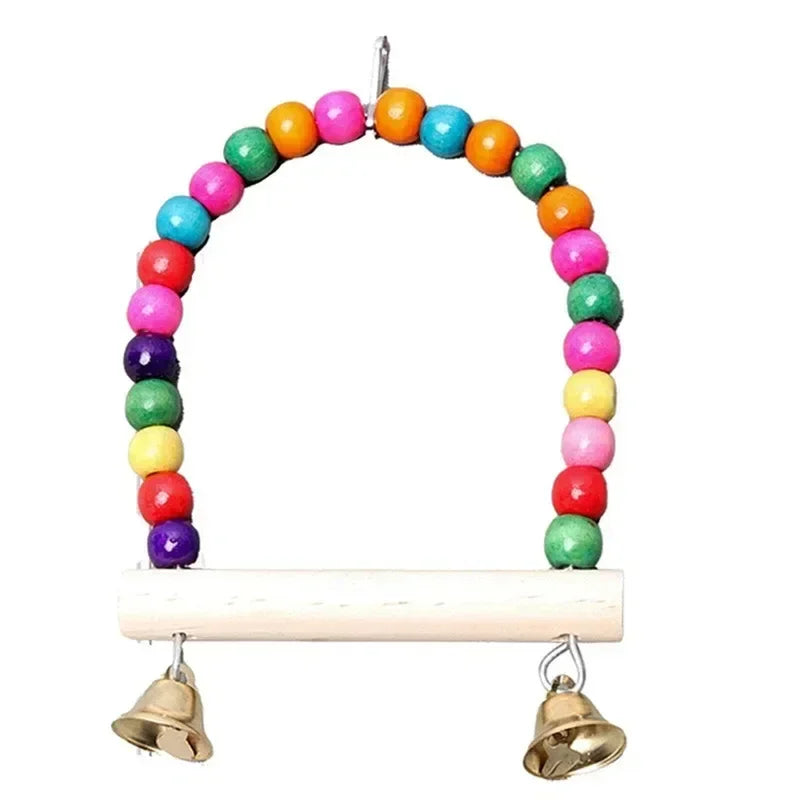 1 Piece Wooden Bird Swing Toy with Hanging Bells for Cockatiels Parakeets and Parrots Cage Accessories