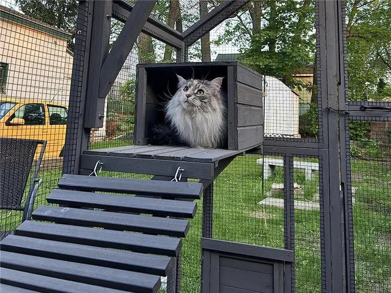 Cat Enclosure Outdoor Cat Catio Large Cat Run with Bridges, Walks, Small Houses, Roof Cover 28.27ft cat cage cat house