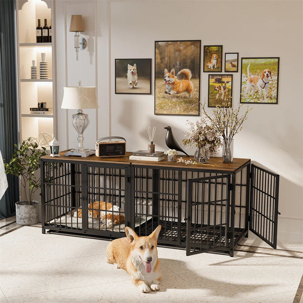 Large Wooden Dog Crate Indoor Furniture Style Elevated Pet Dog Cage Kennel End Table Lattice Playpen with 3 Doors