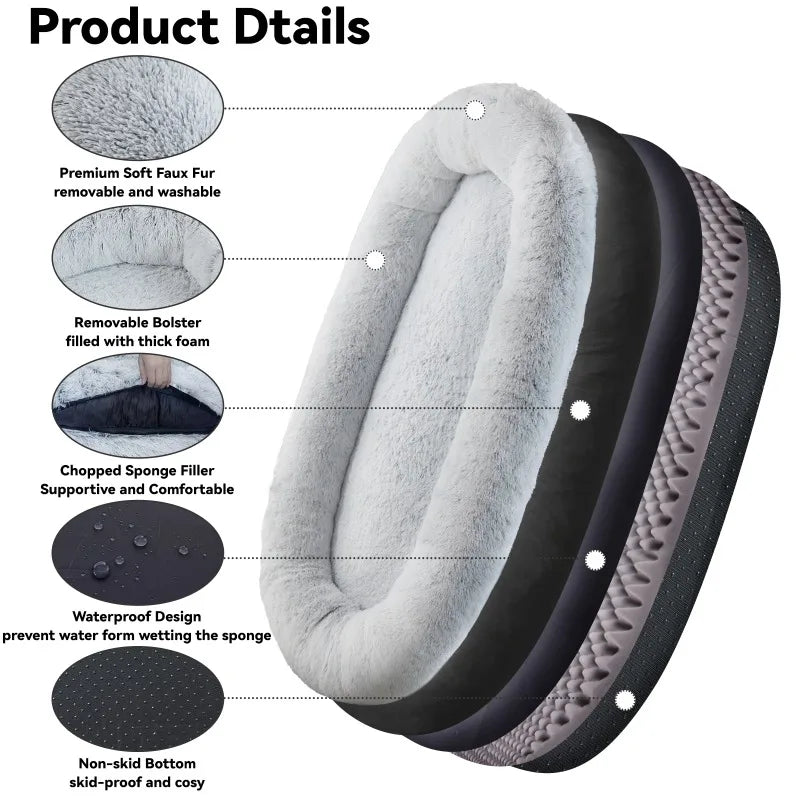 Human Dog Bed 71 Inch x 45 Inch x 12 Inch Washable Faux Fur Orthopedic Bed for People and Pets Napping