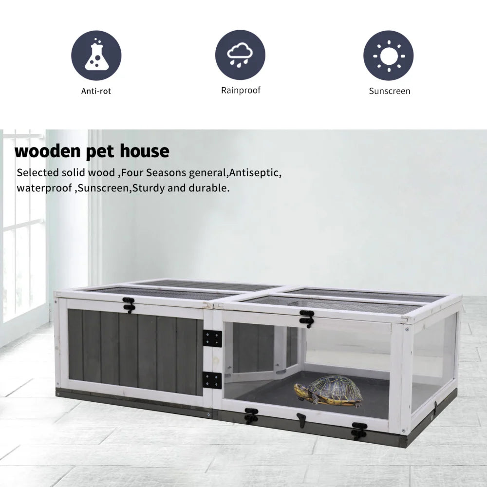 43 Inch Upgrade Waterproof Activity Tray Wooden Turtle House Indoor Small Animal Turtle Cage Outdoor Wooden Reptile Cage