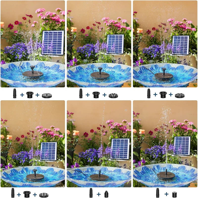 6.5W solar fountain, solar powered water pump with battery, equipped with 6 nozzles, used for bird bath aquarium pond or garden