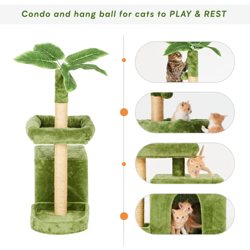 31.5" Cat Tree Tower for Indoor with Green Leaves Design