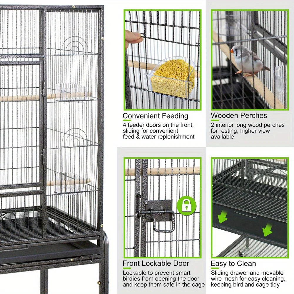 53 Inch Flight Bird Cage Large Wrought Iron Parrot Cage with Rolling Stand Black and White