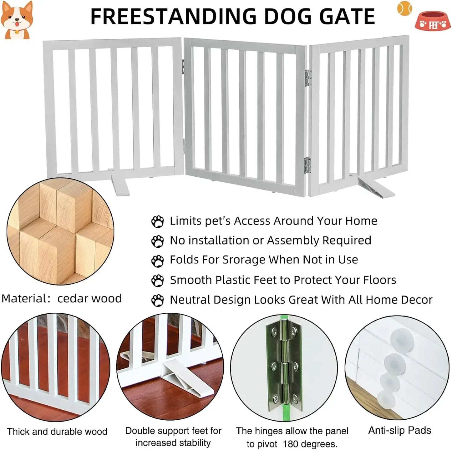 Dog Gate Indoor Freestanding Wooden Pet Fence for Home