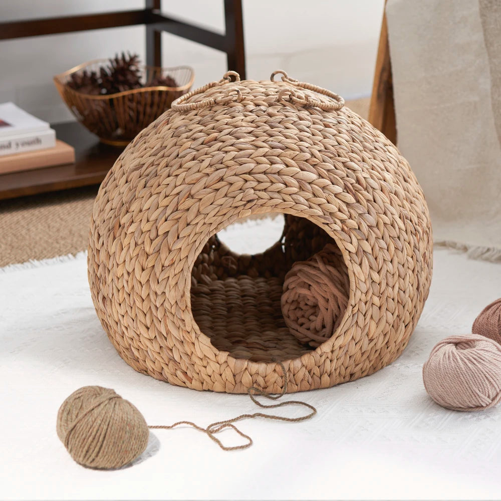 Gertrude Water Hyacinth Woven Wicker Round Cat Bed Cave with Handles 18 Inch for Any Size Cat Breeds