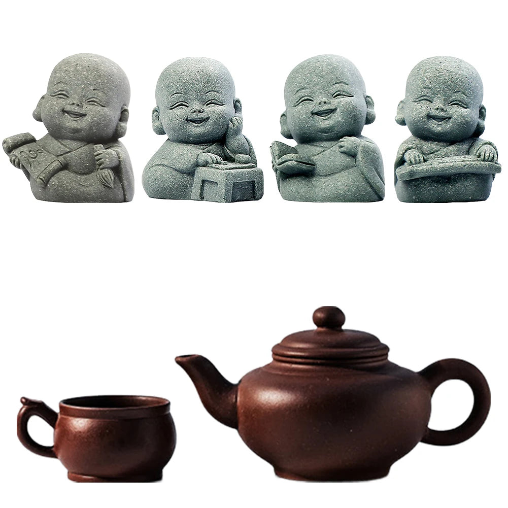 4Pcs Little Monk Figurines Cute Mini Buddha Statues for Home Office Car Decor