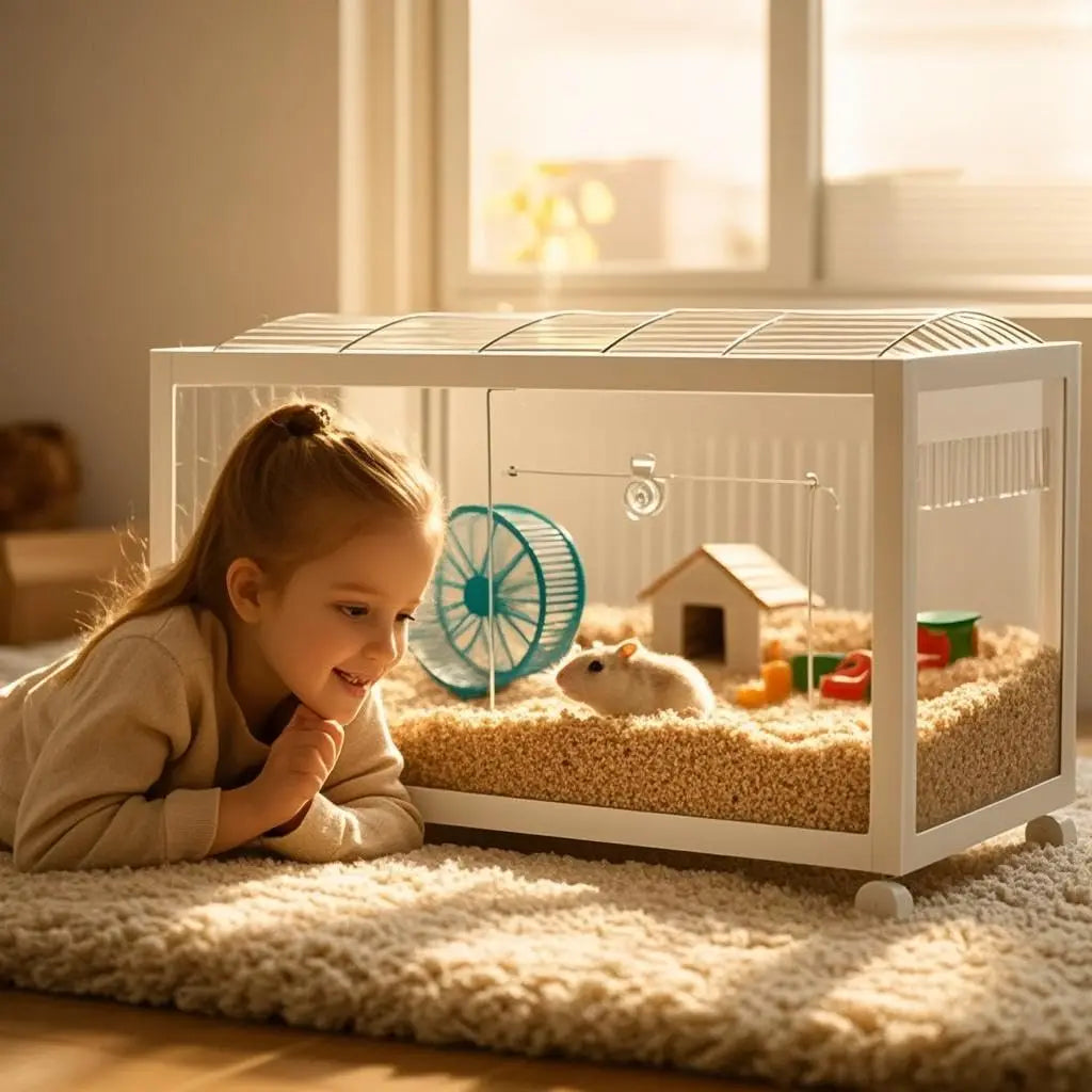 Hamster Cage 360 Degree Viewing Transparent Hamster Habitat with Universal Wheels Chew Proof Dual Door Small Animal Habitat Portable