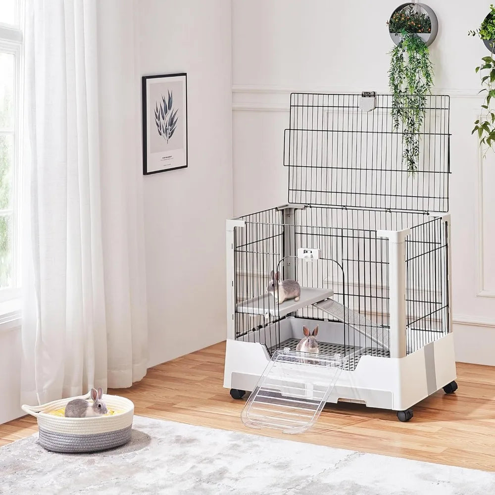 30 Inch Small Animal Cage 2 Level Open Top Rabbit Cage on Wheels with Pull Out Tray for Guinea Pig Ferret Chinchilla Kitten