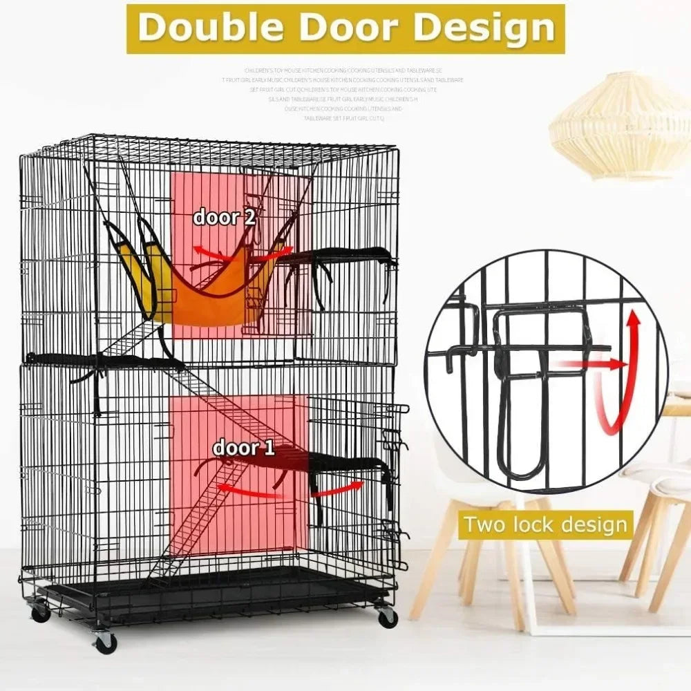 4 Tier 48 Inches Cat Cage Crate Kennel Playpen with Free Hammock 3 Cat Beds 2 Front Doors and 3 Ramp Ladders