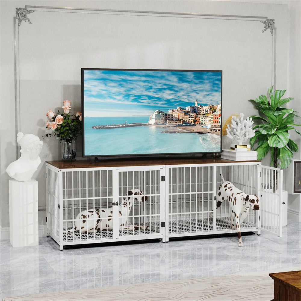 Large Wooden Dog Crate Indoor Furniture Style Elevated Pet Dog Cage Kennel End Table Lattice Playpen with 3 Doors