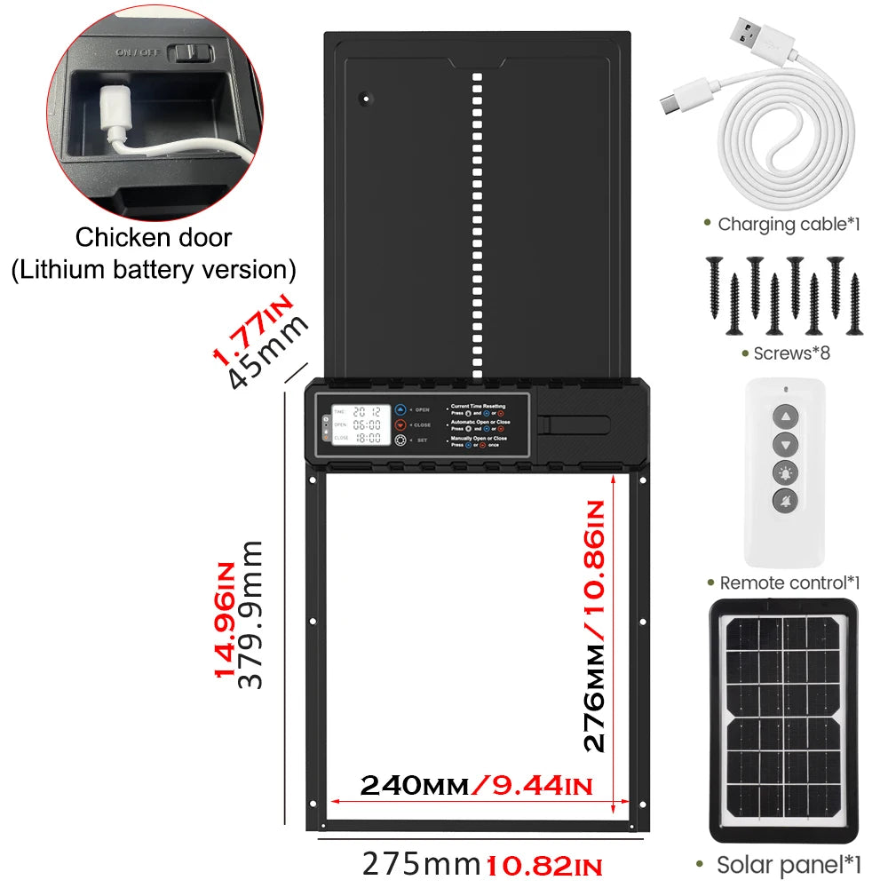 Solar Auto Chicken Coop Door Automatic Chicken Door Solar Powered & USB Charging Chicken Door 4 Modes with Timer & Light Senso