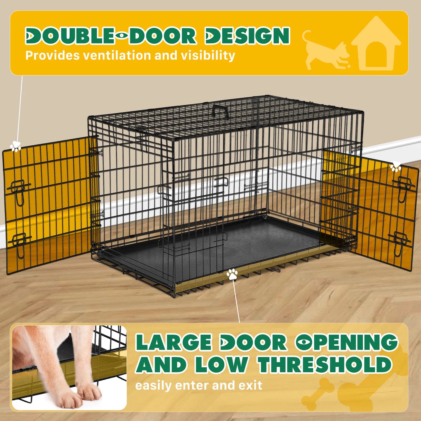 JHK Double Door Folding Metal Wire Dog Cage Extra Large Kennel