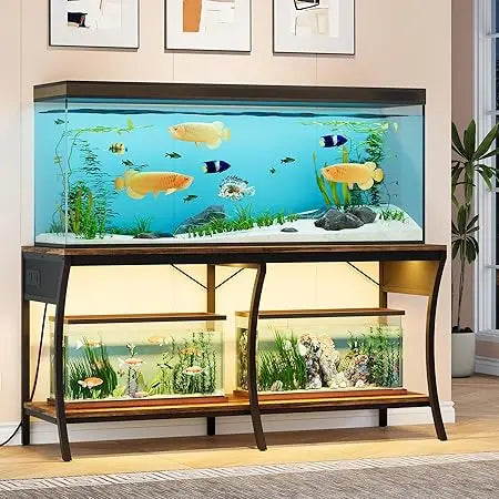 55-90 Gallon Fish Tank Stand 2-Tier Aquarium Stand with LED Light Strip and Power Outlets Metal Frame Reptile Tank Stand