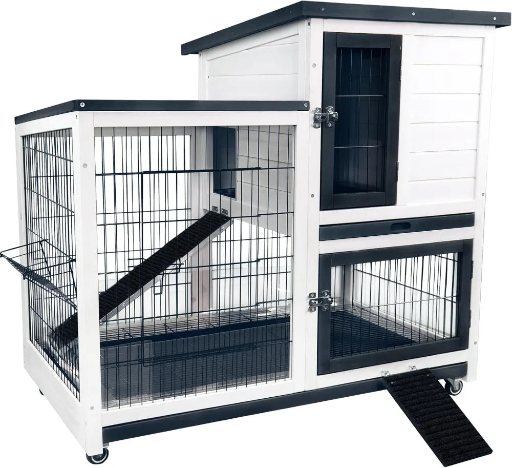 Rabbit Hutch Indoor Bunny Cage Outdoor with Urine Guards Two Storey Mobile Guinea Pig Cage Wire Bottom and Two Trays
