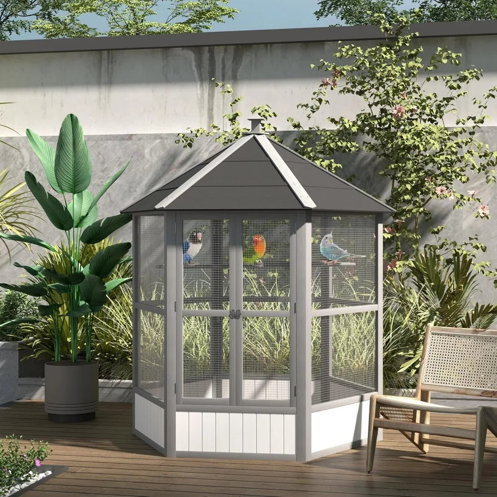 69 Inch Large Wooden Hexagonal Outdoor Aviary Flight Bird Cage with Covered Roof