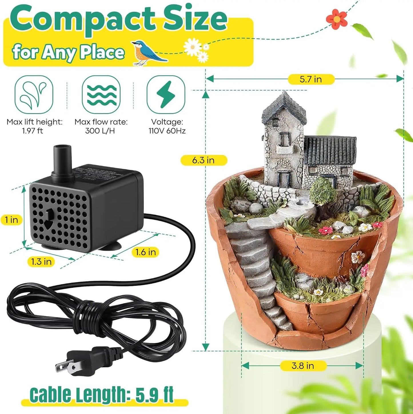 Bird Bath Fountain With Pump Water Wiggler for Gardens