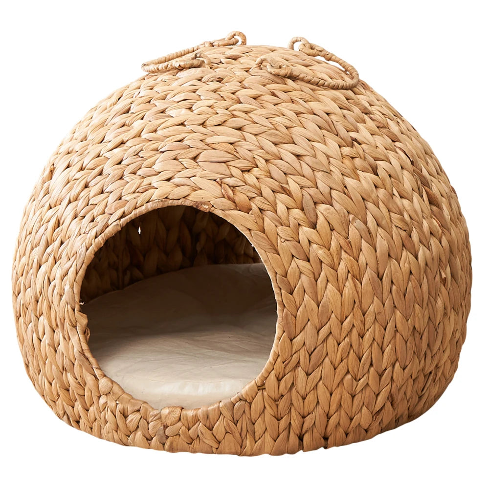 Gertrude Water Hyacinth Woven Wicker Round Cat Bed Cave with Handles 18 Inch for Any Size Cat Breeds
