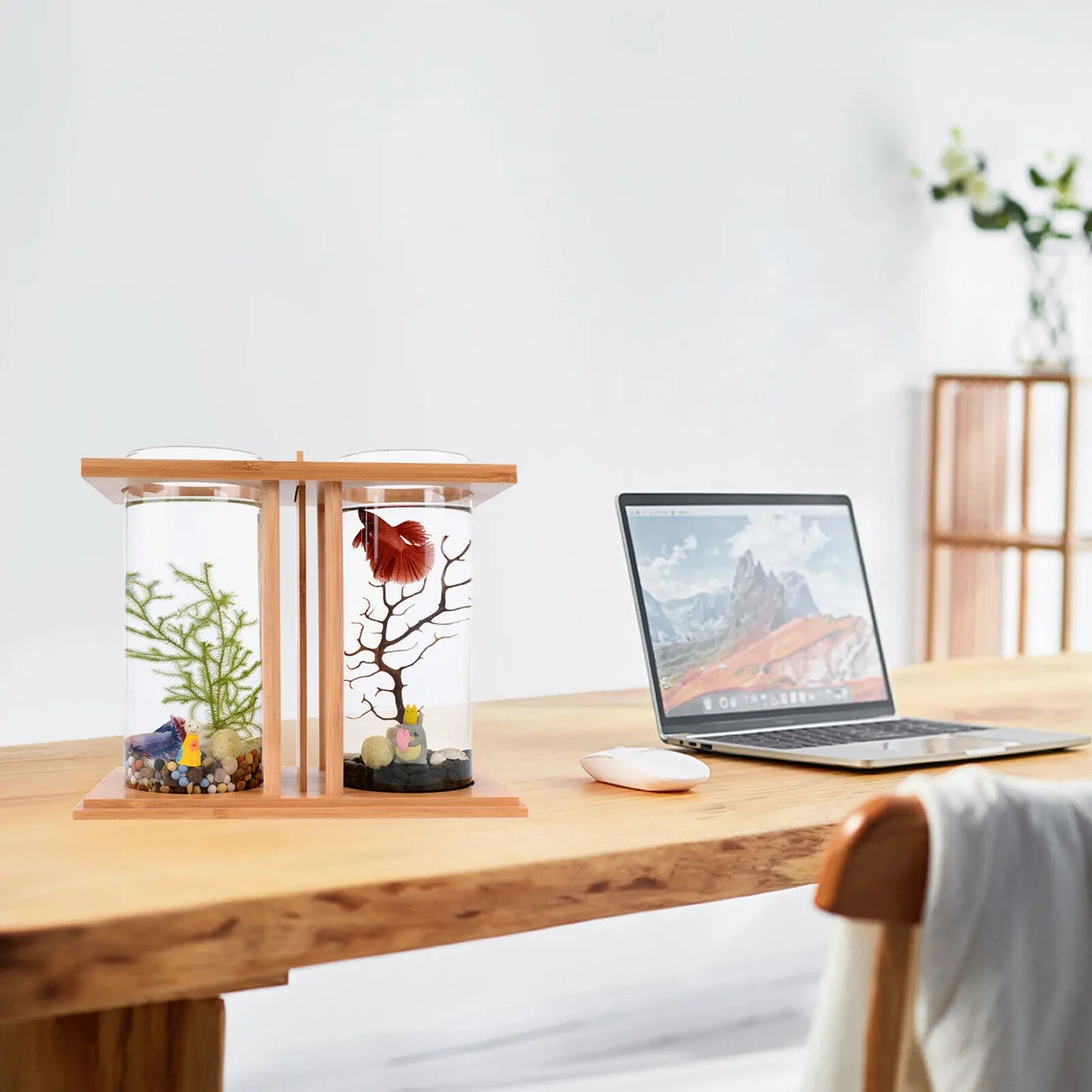 Glass Betta Fish Tank with Bamboo Base Mini Aquarium for Desktop Use