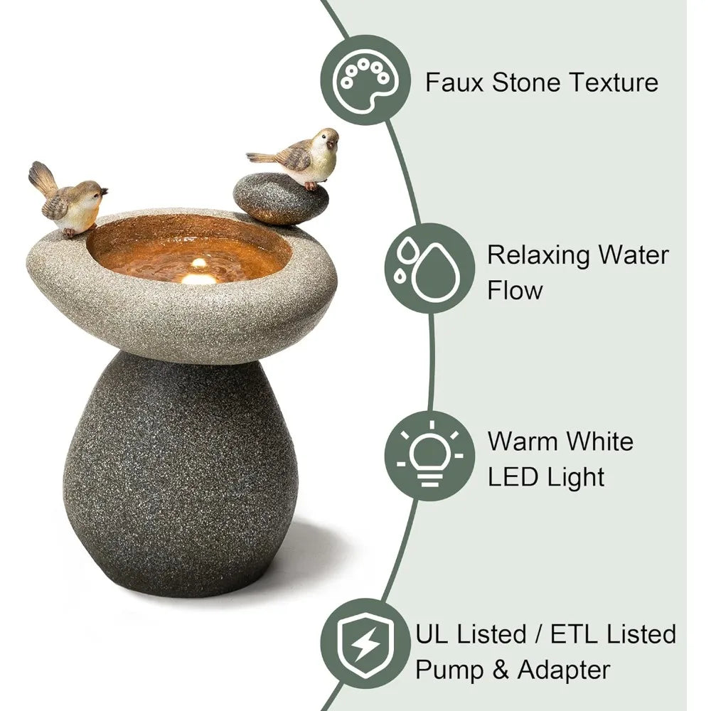 20.75" H Outdoor Water Fountain with LED Light and Pump, Zen Style Faux Stone Texture Birdbath Outdoor Fountain with Birds Decor