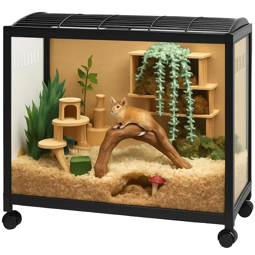 Hamster Cage 360 Degree Viewing Transparent Hamster Habitat with Universal Wheels Chew Proof Dual Door Small Animal Habitat Portable