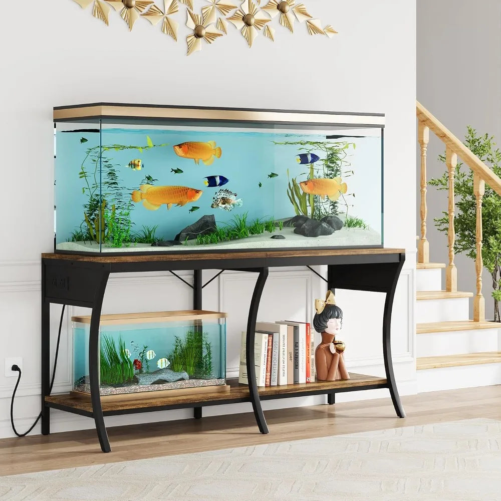 55-90 Gallon Fish Tank Stand 2-Tier Aquarium Stand with LED Light Strip and Power Outlets Metal Frame Reptile Tank Stand