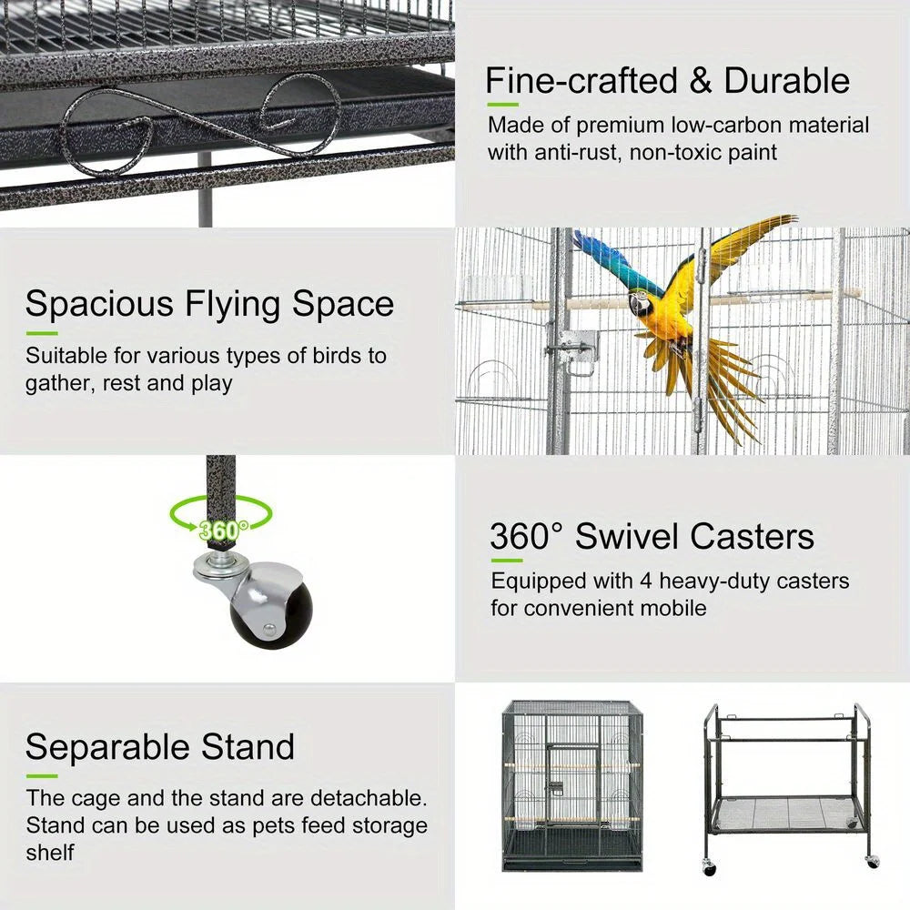 53 Inch Flight Bird Cage Large Wrought Iron Parrot Cage with Rolling Stand Black and White