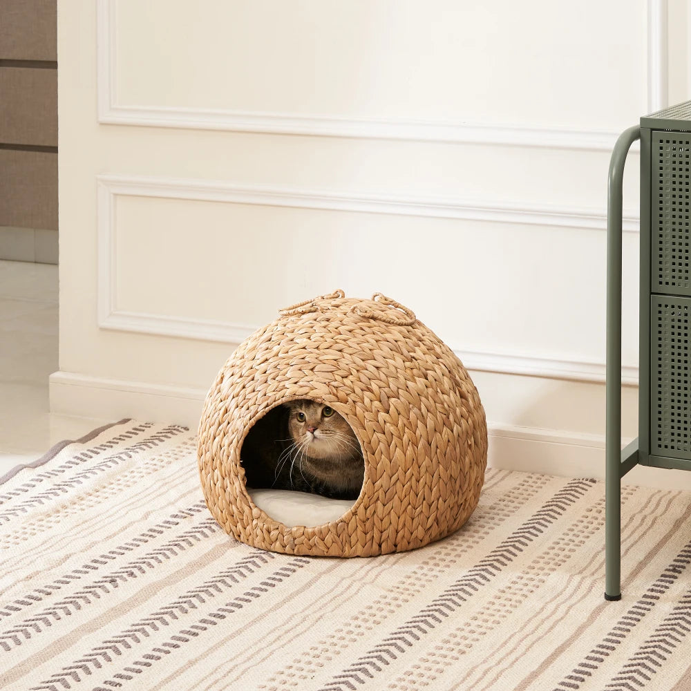 Gertrude Water Hyacinth Woven Wicker Round Cat Bed Cave with Handles 18 Inch for Any Size Cat Breeds