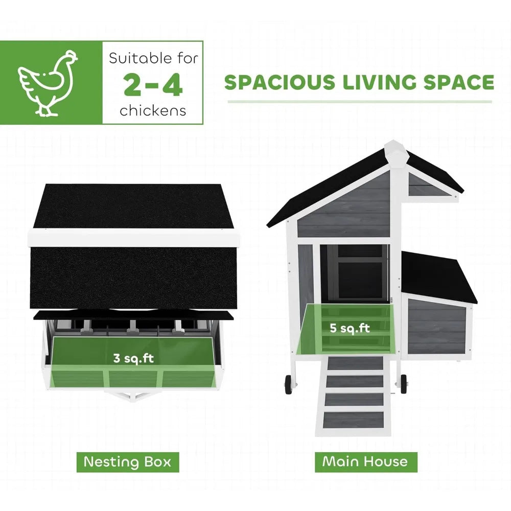 43" Chicken Coop with Wheels Mobile Chicken House with Nesting Box Windows and Perches
