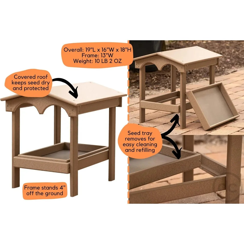 Recycled Plastic Large Raised Platform Covered Ground Fly Through Bird Feeder with Removable Seed Tray for Outdoors USA