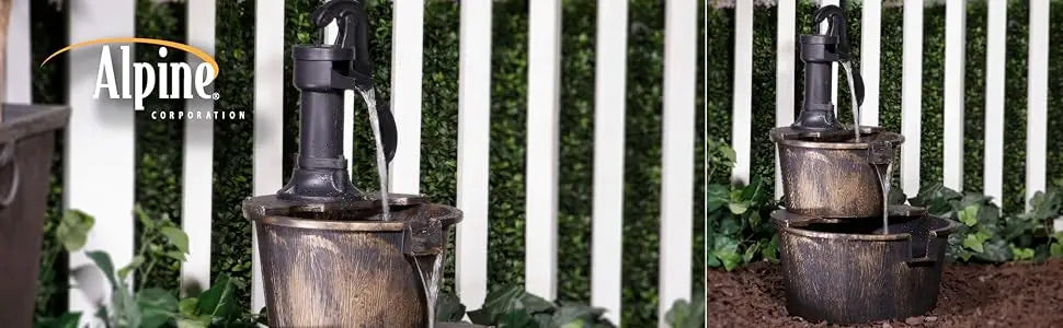 Outdoor Floor Rustic 2-Tiered Barrel and Pump Water Fountain, Old-Fashioned Fountain, 27", Bronze