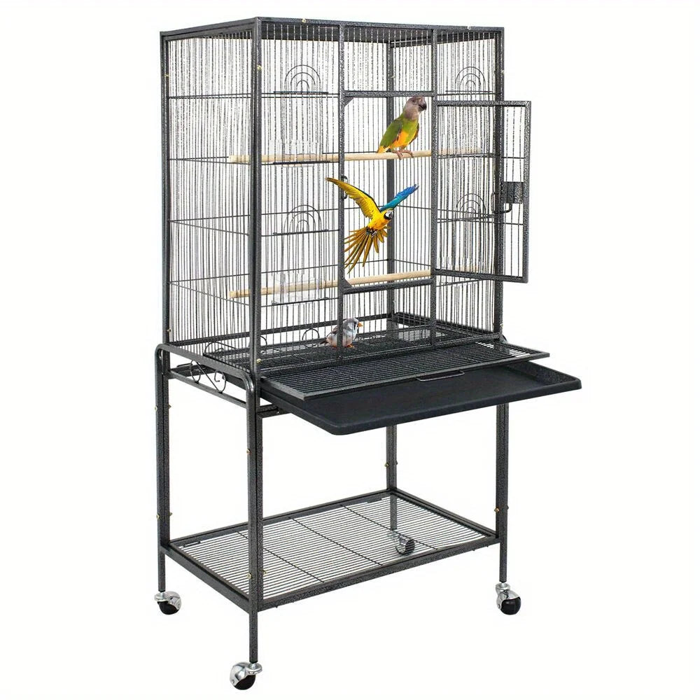 53 Inch Flight Bird Cage Large Wrought Iron Parrot Cage with Rolling Stand Black and White