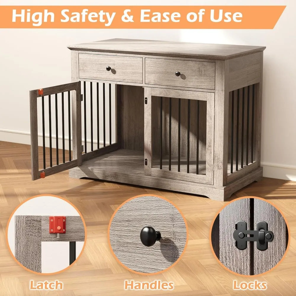 Dog Crate Furniture, 44 Inch Wooden Kennel with Drawers