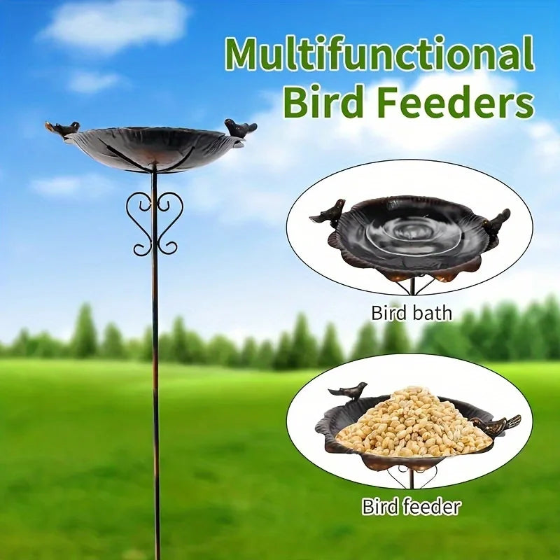 47.5 Inch Metal Leaf Shaped Bird Feeder Stake Waterproof Wild Bird Ground Feeder Bowl Durable Outdoor Lawn Ornament