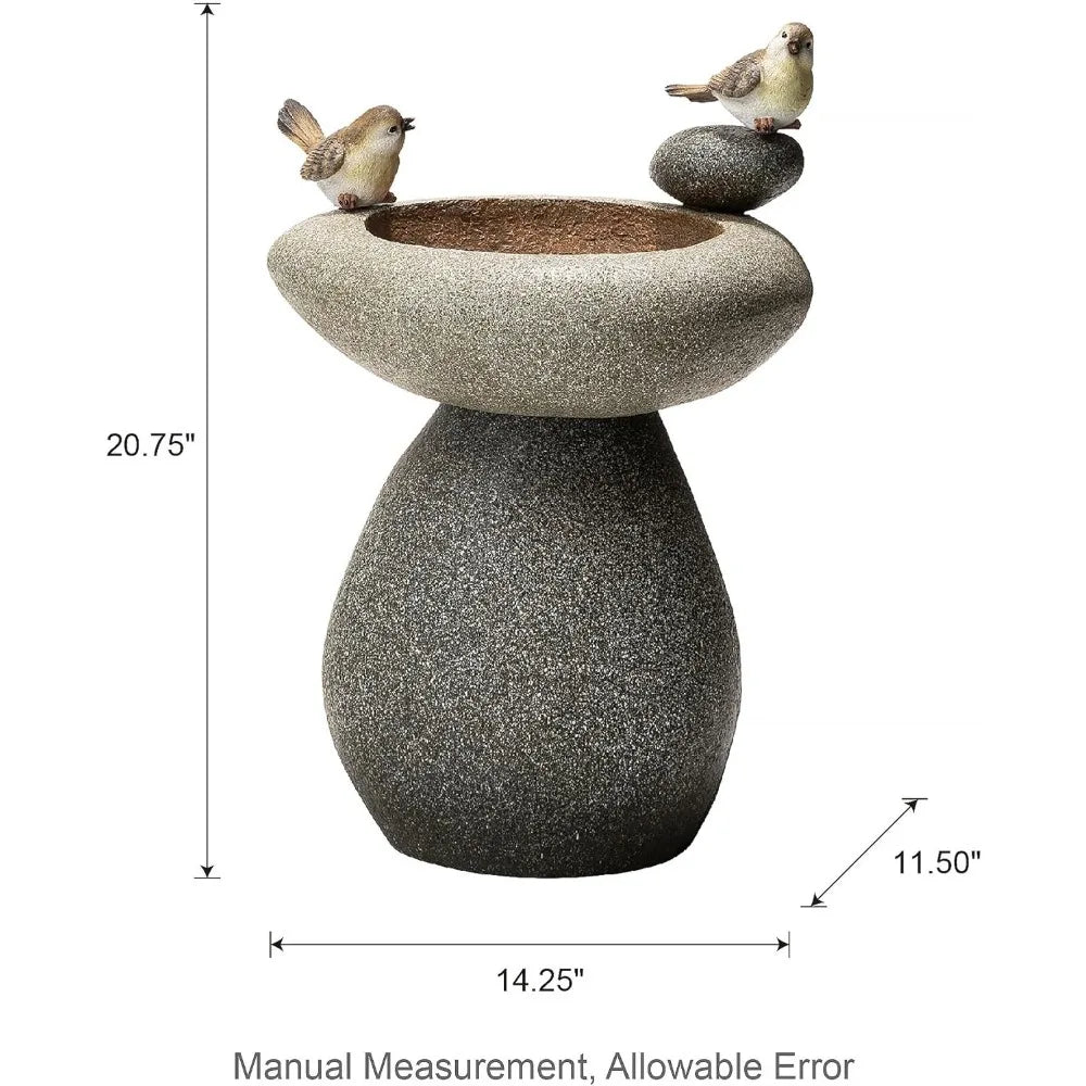 20.75" H Outdoor Water Fountain with LED Light and Pump, Zen Style Faux Stone Texture Birdbath Outdoor Fountain with Birds Decor
