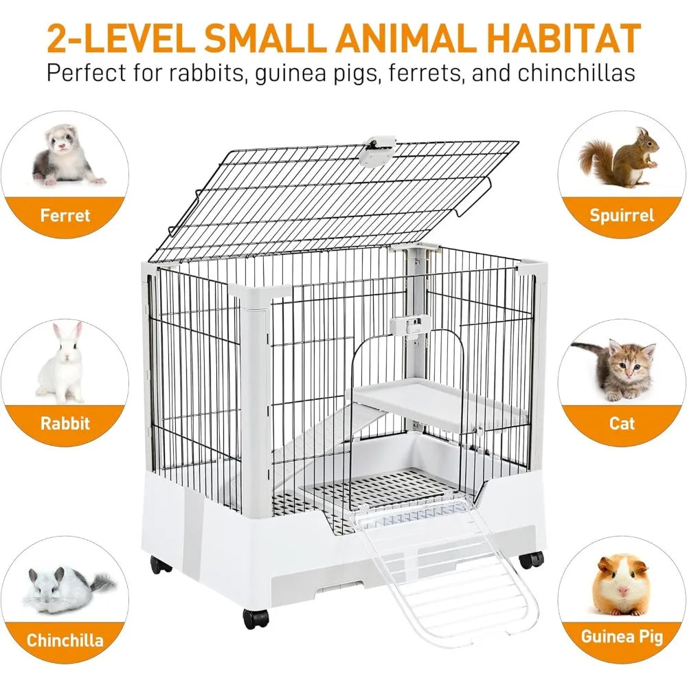 30 Inch Small Animal Cage 2 Level Open Top Rabbit Cage on Wheels with Pull Out Tray for Guinea Pig Ferret Chinchilla Kitten