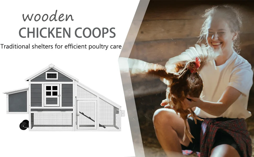 Henhouse 71” Movable Chicken Coop with Wheels for 4-6 Chickens Outdoor Coop with Run and Nesting Box Wooden Duck House