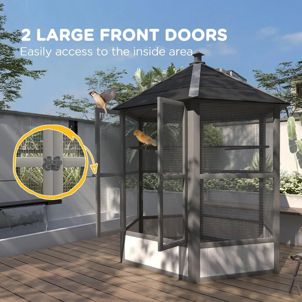 69 Inch Large Wooden Hexagonal Outdoor Aviary Flight Bird Cage with Covered Roof