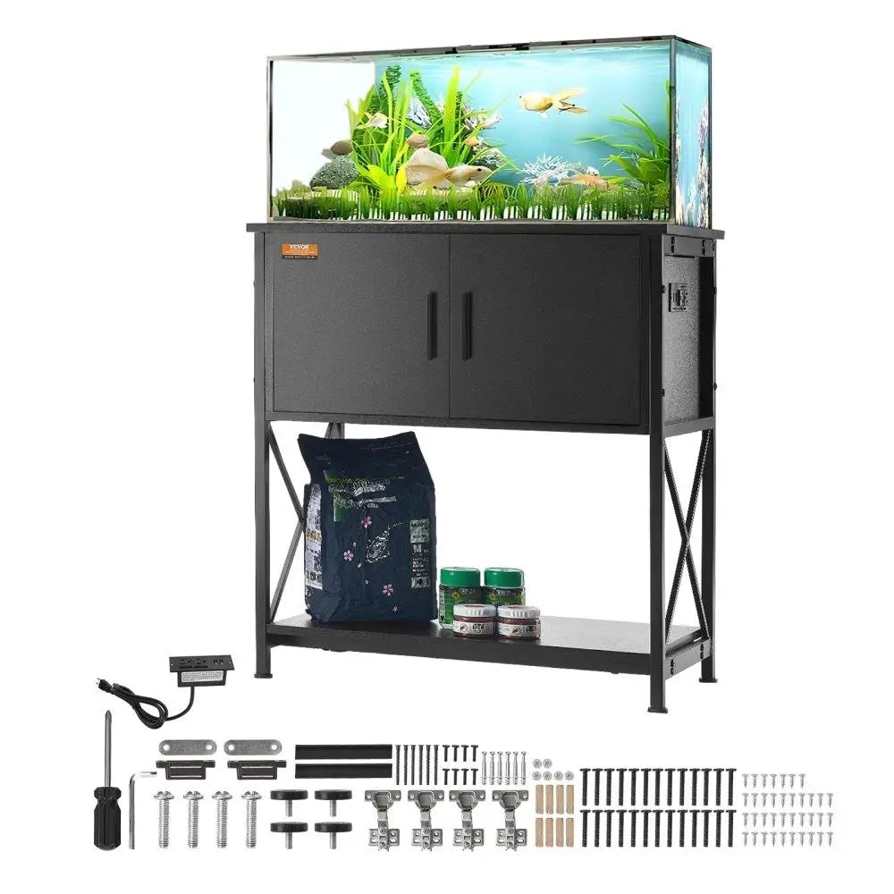 Aquarium Reptile Stand for 29 Gallon Fish Tank with Steel Load Capacity 242.5 Pounds Storage Cabinet and Embedded Power Panel in Black