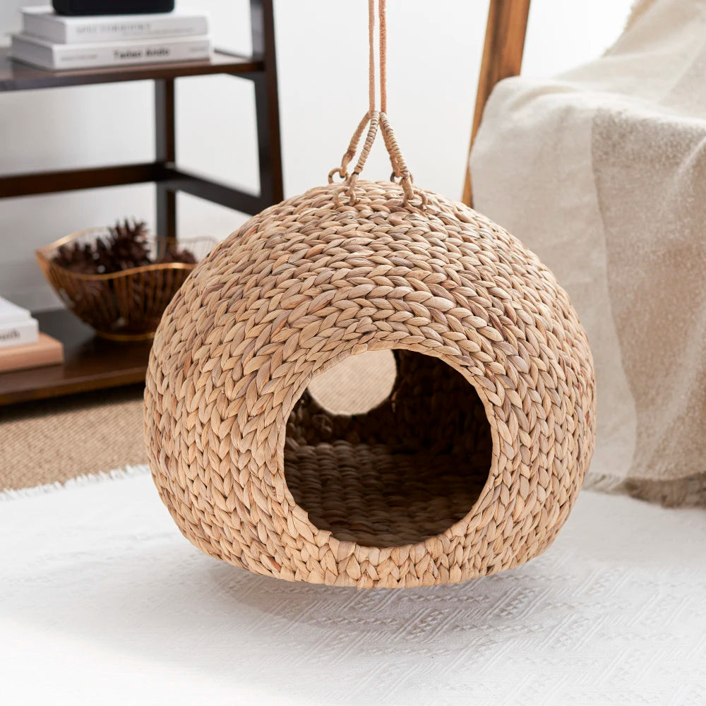 Gertrude Water Hyacinth Woven Wicker Round Cat Bed Cave with Handles 18 Inch for Any Size Cat Breeds
