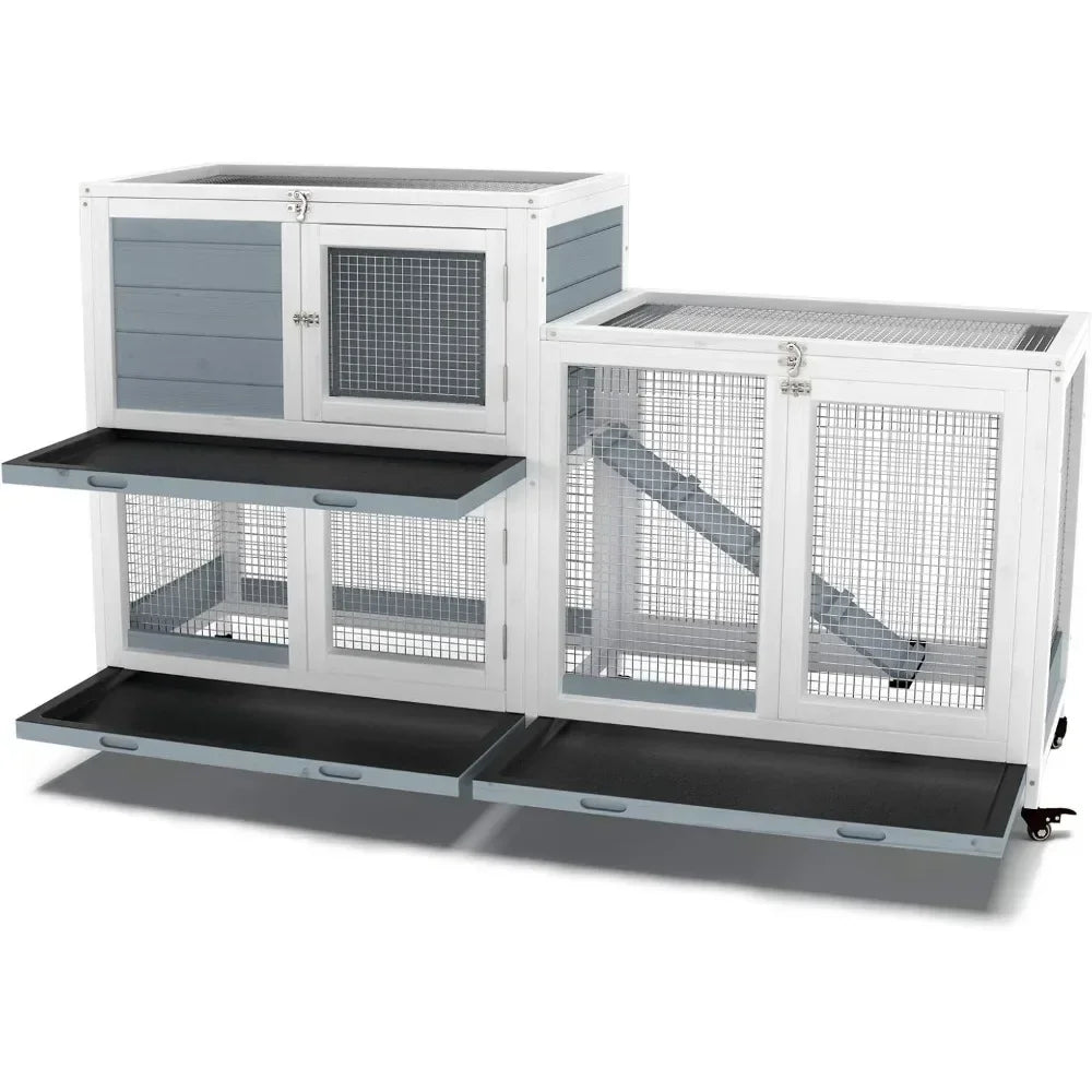 Two Floors 58 Inch Wooden Indoor Bunny Hutch Rabbit Cage on Wheels Guinea Pig Pet House for Small to Medium Animals
