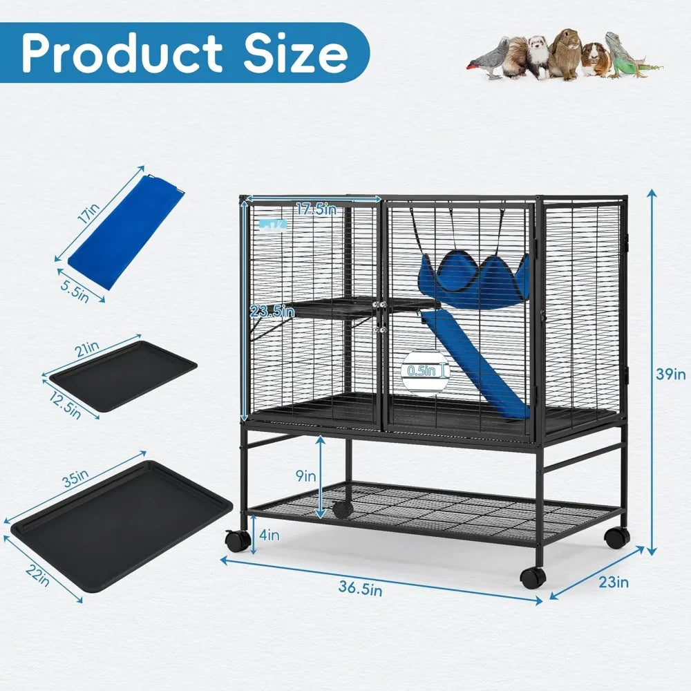 40 Inch Large Metal Rolling Ferrets Cage 2 Tiers Small Animal Cages Critter Nation Cage for Rats Chinchillas 0.5 Inch Bar Spacing
