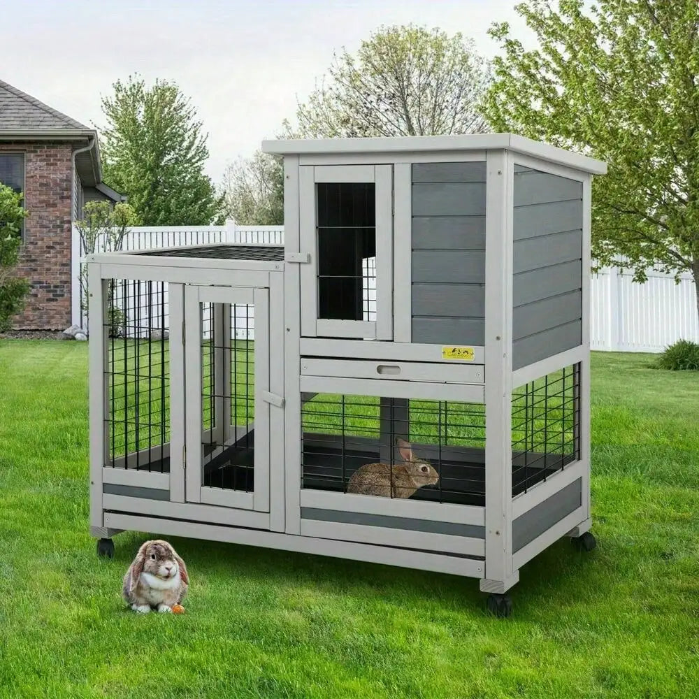 Outdoor Rabbit Hutch Small Animal House Rolling Bunny Cage with Removable Tray Pinewood and Galvanized Wire Mesh