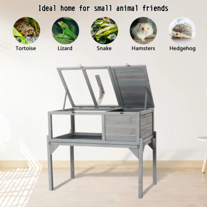 Habitat Indoor And Outdoor Wooden Tortoise House With Detachable Legs Reptile Cage For Small Animals Non Leak Waterproof Tray