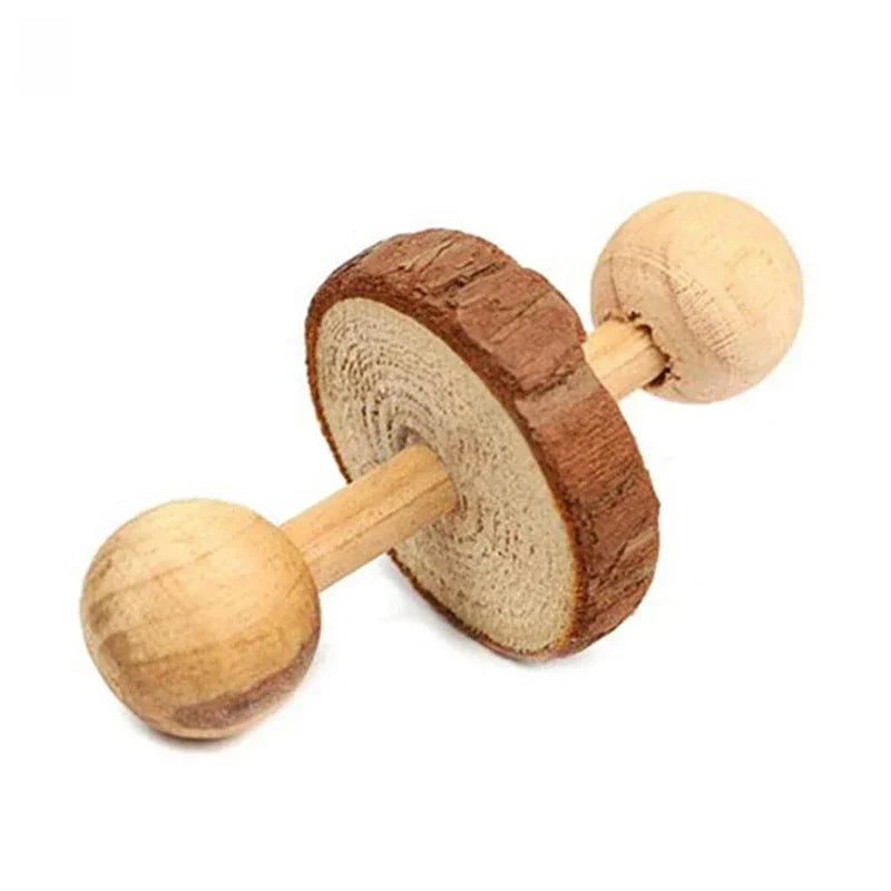 Cute Rabbit Roller Toys Natural Wooden Pine Dumbbells Unicycle Bell Chew Toys for Guinea Pigs and Small Pets