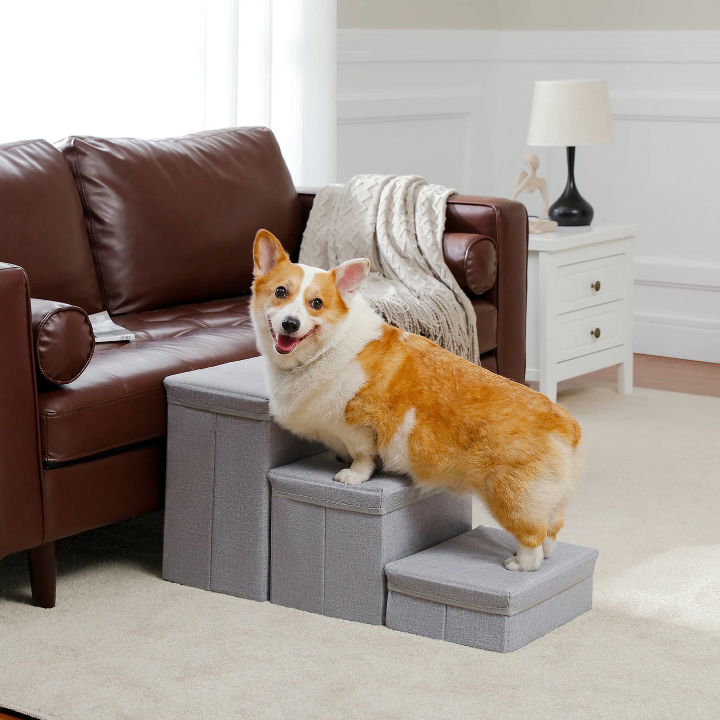 3-Tier Dog Stairs Foldable Pet Stair with Storage Box