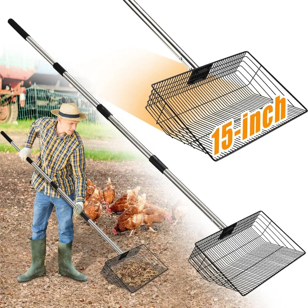 15inch Extra Large Chicken Poop Scooper, Heavy Duty Chicken Coop Scoop for Poop with 24 to 68" Stainless Steel Adjustable