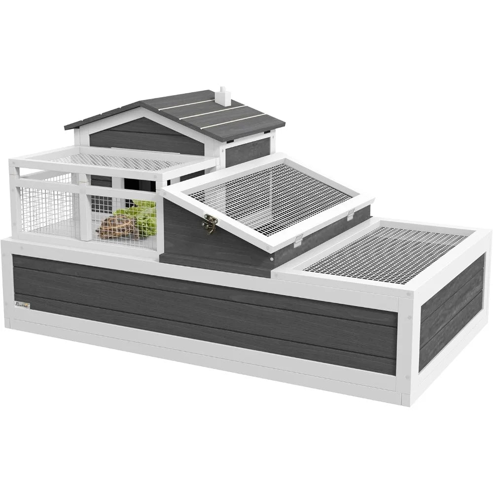 3 Room Tortoise House Habitat with Balcony and 2 Stories Indoor Outdoor Wooden Tortoise Enclosure with Ladder and Tray